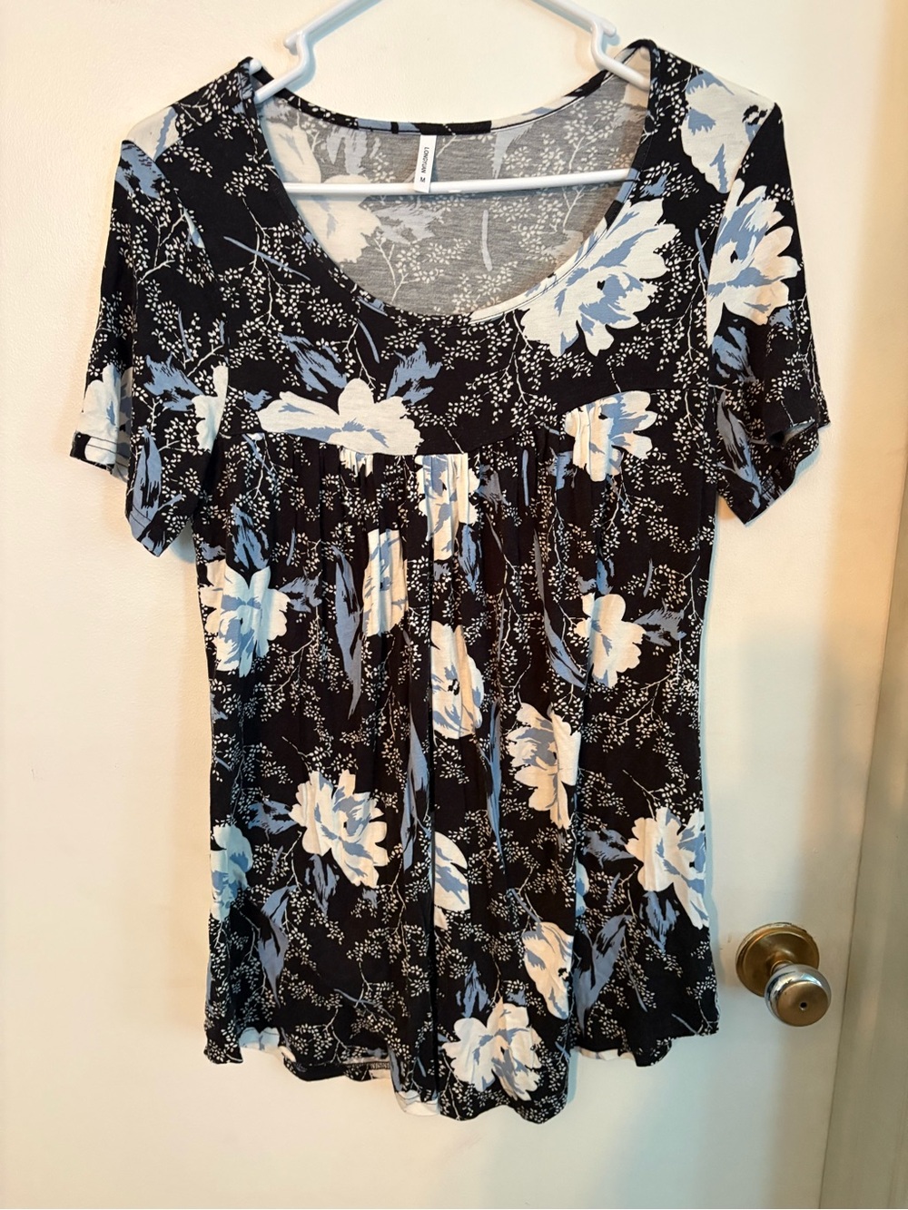 Women’s Black Floral Short Sleeve Top with Blue and Cream Blooms